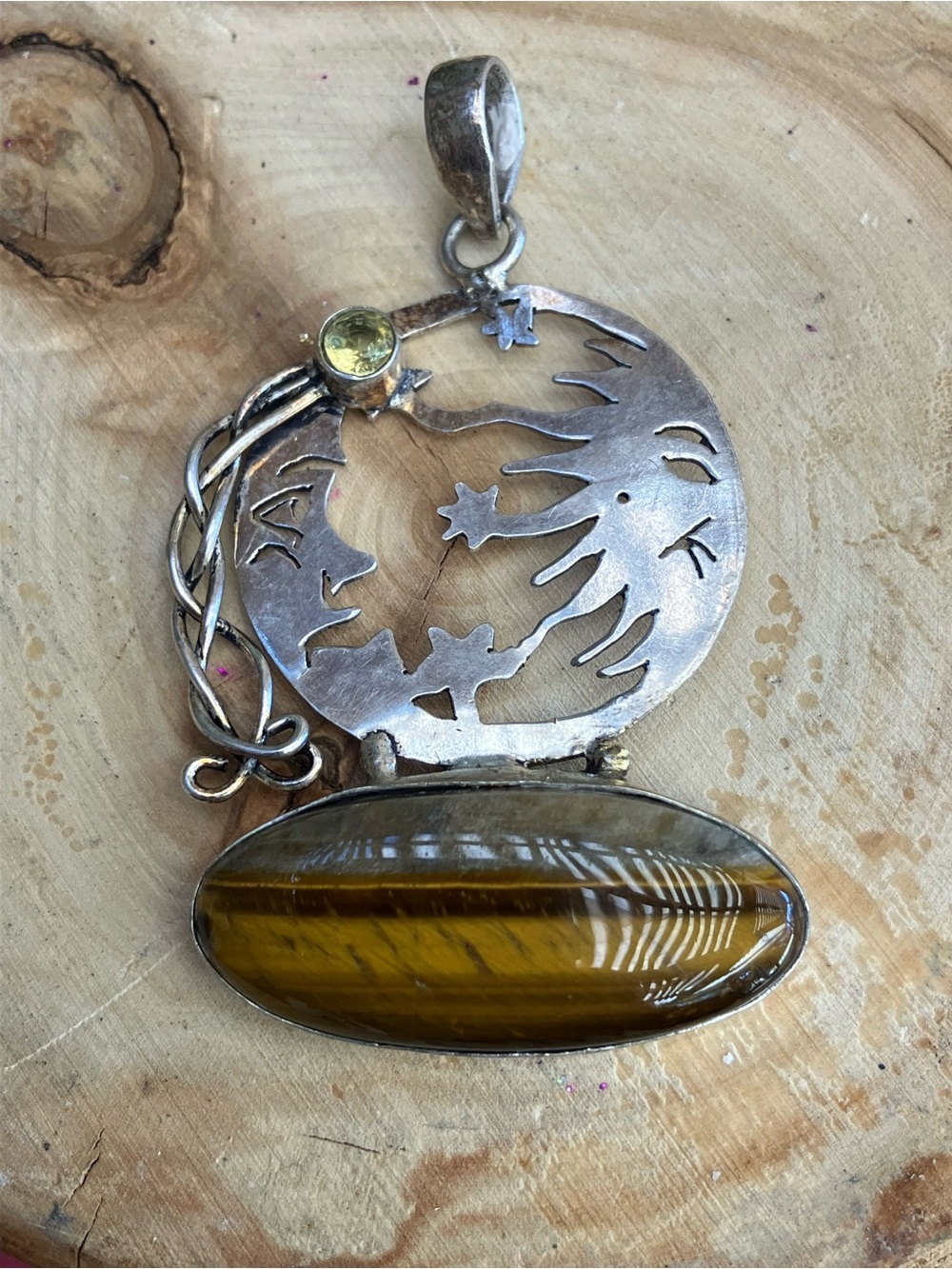 925 Sterling Silver Moon Sun Stars Citrine Tigers Eye Pendant